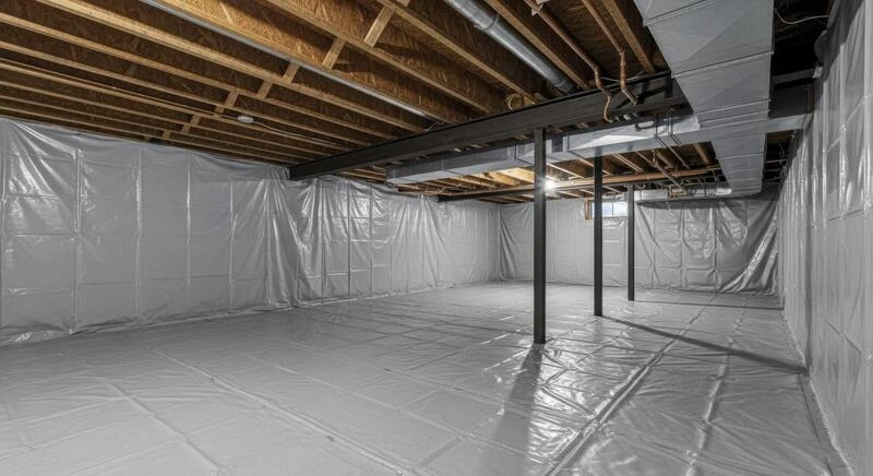 Encapsulated crawlspace with vapor barrier installed on walls and floor
