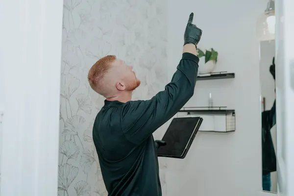 Technician inspecting ceiling for mold