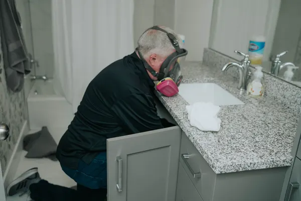 Technician with respirator inspecting under sink